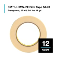 3M UHMW-PE Film Tape 5423, Transparent, 12 mil, 3/4 in x 18 yd, 12 Rolls/Case