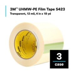 3M UHMW-PE Film Tape 5423, Transparent, 12 mil, 4 in x 18 yd, 3 Rolls/Case