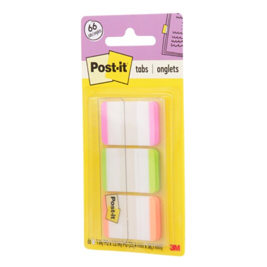 A Post-it Durable Tabs 686L-PGO, Pink, Green, Orange, 1 in x 1.5 in, 22 Tabs/Colour, 66 Tab/Pack