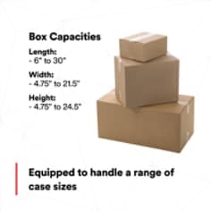 Box Capacities Length: 6" to 30" Width: 4.75" to 21.5" Height: 4.75" to 24.5" | Equipped to handle a range of case sizes