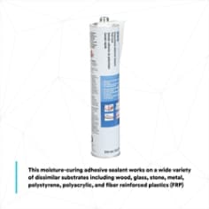 This moisture-curing adhesive sealant works on a wide variety of dissimilar substrates including wood, glass, stone, metal, polystyrene, polyacrylic, and fiber reinforced plastics (FRP)