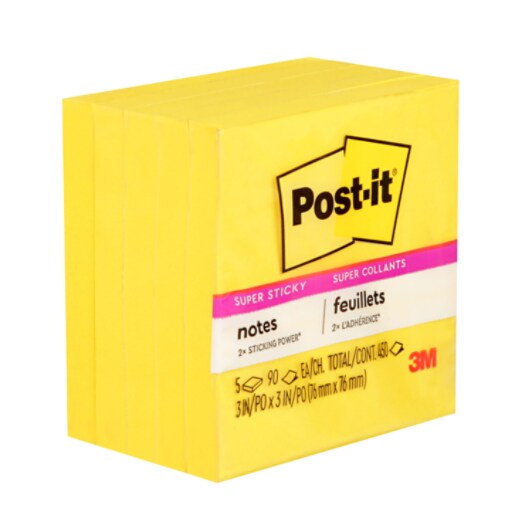 Post-it Super Sticky Notes 654-5SSY,3 in x 3 in (76 mm x 76 mm), Sunnyside Yellow