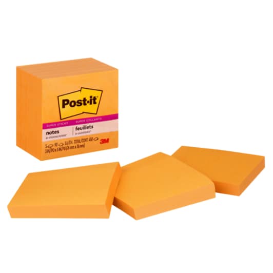 Post-it Super Sticky Notes 654-5SSNO, 3 in x 3 in (76 mm x 76 mm), Neon Orange