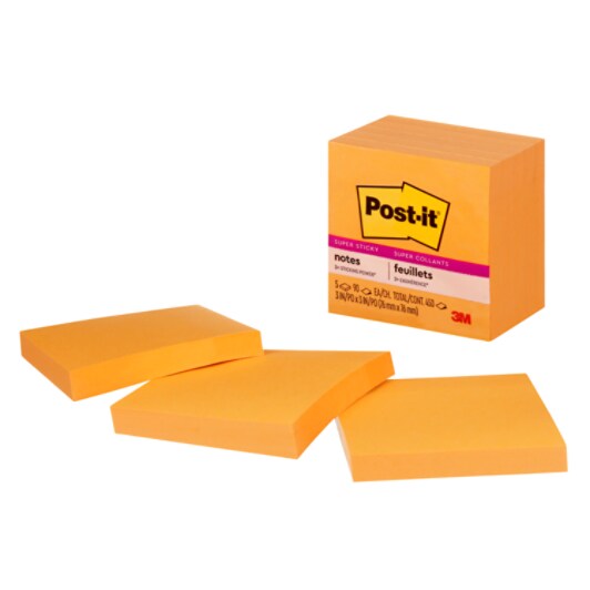 Post-it Super Sticky Notes 654-5SSNO, 3 in x 3 in (76 mm x 76 mm), Neon Orange