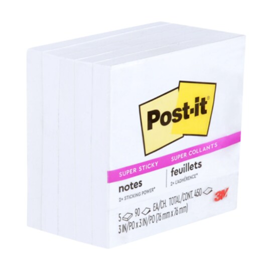 Post-it Super Sticky Notes 654-5SSW, 3 in x 3 in (76 mm x 76 mm), White