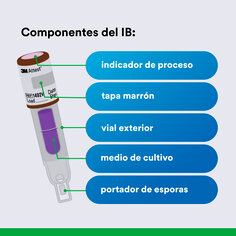 Componentes BI: indicador de proceso, tapón marrón, vial exterior, medio de cultivo, portaesporas