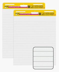 Post-it Super Sticky Easel Pad. twenty five inches by 30 inches. White paper with Lines. thirty sheets per pad. with 2 times the sticking power, stick and restick to walls, windows, doors and more.