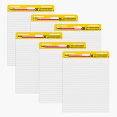 Post-it Super Sticky Easel Pad. twenty five inches by 30 inches. White paper with Lines. thirty sheets per pad. with 2 times the sticking power, stick and restick to walls, windows, doors and more.