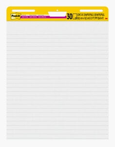 Post-it Super Sticky Easel Pad. twenty five inches by 30 inches. White paper with Lines. thirty sheets per pad. with 2 times the sticking power, stick and restick to walls, windows, doors and more.