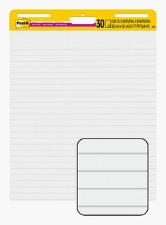 Post-it Super Sticky Easel Pad. twenty five inches by 30 inches. White paper with Lines. thirty sheets per pad. with 2 times the sticking power, stick and restick to walls, windows, doors and more.