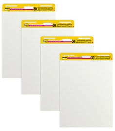 Post-it Super Sticky Easel Pad. 25 inches by 30 inches, plain white paper. Thirty sheets a pad. With 2 times the sticking power, stick and restick to walls, windows, doors and more.