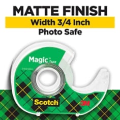 An ecommerce image that include a scotch magic tape dispenser, a row of green plaid and the words matte finish, width 3/4 inch and photo-safe.