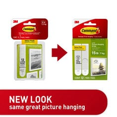 New look, same great picture hanging. Command picture hanging strips in packaging, with an arrow pointing to the new packaging.