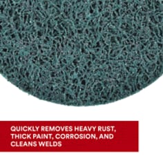 3M Scotch-Brite Clean and Strip XT Pro Extra Cut TN Quick Change Disc. 3M Scotch-Brite Clean and Strip XT Pro Extra Cut TN Quick Change Disc features aluminum oxide abrasive mineral incorporated into an open nylon web. It is designed to remove heavy rust, thick paint and corrosion while also scratching the base material underneath, which can save you time. The highly conformable, high-strength fibers resist chunking and loading, and they perform well on edges. Base ID: B5005449003, Pathfinder Project; UPC; Basic Content; Rich Product Card; PF23, Secondary Image 02