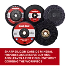 3M Scotch-Brite Clean and Strip XT Pro TN Quick Change Disc. 3M Scotch-Brite Clean and Strip XT Pro TN Quick Change Disc features silicon carbide abrasive mineral incorporated into an open nylon web. It effectively removes rust, paint, mill scale, coatings and adhesives from surfaces without significantly altering the base material. The high-strength fibers are highly conformable, resist chunking and loading, and perform well on the edges of a workpiece. Base ID: B5005449002, Pathfinder Project; UPC; Basic Content; Rich Product Card; PF23, Secondary Image 03