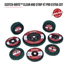 3M Scotch-Brite Clean and Strip XT Pro Extra Cut TN Quick Change Disc. 3M Scotch-Brite Clean and Strip XT Pro Extra Cut TN Quick Change Disc features aluminum oxide abrasive mineral incorporated into an open nylon web. It is designed to remove heavy rust, thick paint and corrosion while also scratching the base material underneath, which can save you time. The highly conformable, high-strength fibers resist chunking and loading, and they perform well on edges. Base ID: B5005449003, Pathfinder Project; UPC; Basic Content; Rich Product Card; PF23, Secondary Image 01
