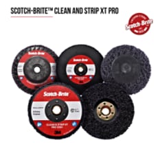 3M Scotch-Brite Clean and Strip XT Pro TN Quick Change Disc. 3M Scotch-Brite Clean and Strip XT Pro TN Quick Change Disc features silicon carbide abrasive mineral incorporated into an open nylon web. It effectively removes rust, paint, mill scale, coatings and adhesives from surfaces without significantly altering the base material. The high-strength fibers are highly conformable, resist chunking and loading, and perform well on the edges of a workpiece. Base ID: B5005449002, Pathfinder Project; UPC; Basic Content; Rich Product Card; PF23, Secondary Image 01