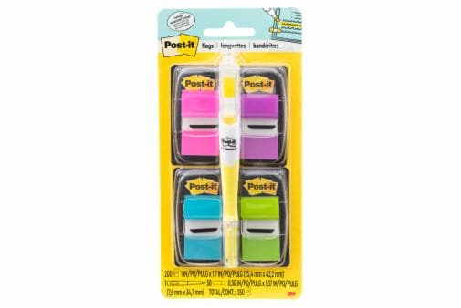 Post it flags with pink highlighter with flag dispenser attached