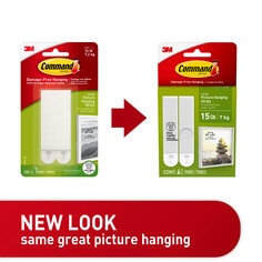 New look same great picture hanging. Command picture hanging strips in old packaging, an arrow points to new command packaging for picture hanging strips.