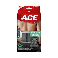 ACE adjustable Deluxe Back Stabilizer with Lumbar Support in its package. Ace Back Stabilizers are FSA/ HSA Eligible. Text:ACE BRAND SIZE ADJ SUPPORT EUS FIRM RIGID STABILITY FSA/HSA eligible CAUTION: This Product Contains Natural Robber Later Which May Cause Allergk Reactions. BACK deluxe stabilizer with lumbar support Repositionable pad for added support & comfort