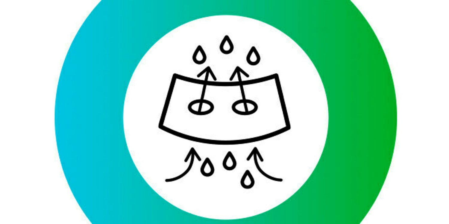 Droplets passing through filter with arrows pointing up inside blue-green gradient circle icon