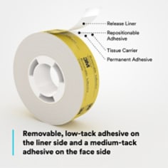 Features a removable, repositionable, low-tack adhesive on the liner side and a medium-tack adhesive on the face side