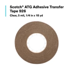 Scotch® ATG Adhesive Transfer Tape 924 features high initial adhesion and good shear-holding power for bonding a variety of substrates, including uncoated and coated paper, card stock, paper board, matting, lightweight fabrics, foils, flexible plastics, and foam board. With no cure time, the adhesive instantly bonds long, large, and small surfaces. When paired with a Scotch® ATG Adhesive Applicator, this tape helps create a portable, hand-held solution that delivers quick, controlled application — without mess or cleanup. This combination can apply tape to any shape or form, even from an uncomfortable position, while allowing your free hand to hold the part being taped. With these performance benefits, Scotch® ATG Adhesive Transfer Tape 924 is ideal for applications like bonding mat board in picture frames and dust covers; menus, invitations, table tents, and cards; commercial print assembly; and point-of-purchase promotional displays and inserts.