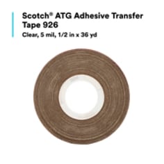 Scotch® ATG Adhesive Transfer Tape 924 features high initial adhesion and good shear-holding power for bonding a variety of substrates, including uncoated and coated paper, card stock, paper board, matting, lightweight fabrics, foils, flexible plastics, and foam board. With no cure time, the adhesive instantly bonds long, large, and small surfaces. When paired with a Scotch® ATG Adhesive Applicator, this tape helps create a portable, hand-held solution that delivers quick, controlled application — without mess or cleanup. This combination can apply tape to any shape or form, even from an uncomfortable position, while allowing your free hand to hold the part being taped. With these performance benefits, Scotch® ATG Adhesive Transfer Tape 924 is ideal for applications like bonding mat board in picture frames and dust covers; menus, invitations, table tents, and cards; commercial print assembly; and point-of-purchase promotional displays and inserts.