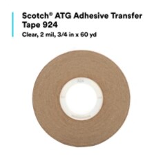 Scotch® ATG Adhesive Transfer Tape 924 features high initial adhesion and good shear-holding power for bonding a variety of substrates, including uncoated and coated paper, card stock, paper board, matting, lightweight fabrics, foils, flexible plastics, and foam board. With no cure time, the adhesive instantly bonds long, large, and small surfaces. When paired with a Scotch® ATG Adhesive Applicator, this tape helps create a portable, hand-held solution that delivers quick, controlled application — without mess or cleanup. This combination can apply tape to any shape or form, even from an uncomfortable position, while allowing your free hand to hold the part being taped. With these performance benefits, Scotch® ATG Adhesive Transfer Tape 924 is ideal for applications like bonding mat board in picture frames and dust covers; menus, invitations, table tents, and cards; commercial print assembly; and point-of-purchase promotional displays and inserts.