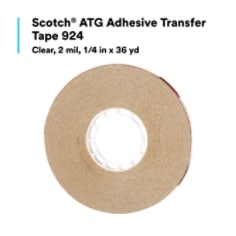 Scotch® ATG Adhesive Transfer Tape 924 features high initial adhesion and good shear-holding power for bonding a variety of substrates, including uncoated and coated paper, card stock, paper board, matting, lightweight fabrics, foils, flexible plastics, and foam board. With no cure time, the adhesive instantly bonds long, large, and small surfaces. When paired with a Scotch® ATG Adhesive Applicator, this tape helps create a portable, hand-held solution that delivers quick, controlled application — without mess or cleanup. This combination can apply tape to any shape or form, even from an uncomfortable position, while allowing your free hand to hold the part being taped. With these performance benefits, Scotch® ATG Adhesive Transfer Tape 924 is ideal for applications like bonding mat board in picture frames and dust covers; menus, invitations, table tents, and cards; commercial print assembly; and point-of-purchase promotional displays and inserts.