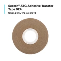 Scotch® ATG Adhesive Transfer Tape 924 features high initial adhesion and good shear-holding power for bonding a variety of substrates, including uncoated and coated paper, card stock, paper board, matting, lightweight fabrics, foils, flexible plastics, and foam board. With no cure time, the adhesive instantly bonds long, large, and small surfaces. When paired with a Scotch® ATG Adhesive Applicator, this tape helps create a portable, hand-held solution that delivers quick, controlled application — without mess or cleanup. This combination can apply tape to any shape or form, even from an uncomfortable position, while allowing your free hand to hold the part being taped. With these performance benefits, Scotch® ATG Adhesive Transfer Tape 924 is ideal for applications like bonding mat board in picture frames and dust covers; menus, invitations, table tents, and cards; commercial print assembly; and point-of-purchase promotional displays and inserts.