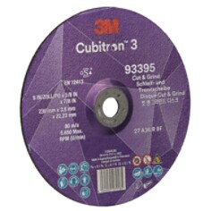 3M Cubitron 3 Cut and Grind Wheel, 93395, 36+, T27, 9 in x 1/8 in x 7/8 in