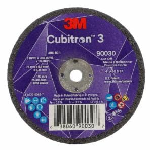 3M™ Cubitron 3 Cut-Off Wheel, 90030, 60+, T1, 3 in x 0.035 in x 1/4 in (75 x 0.9 x 6.35 mm), ANSI, 25/Pack, 50 ea/Caseimage