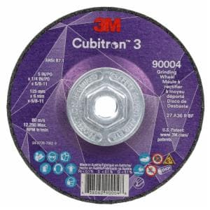 3M™ Cubitron 3 Depressed Center Grinding Wheel, 90004, 36+, T27, 5 in x 1/4 in x 5/8 in-11 (125x6mmx5/8-11in), ANSI, 10 ea/Case image 3M™ Cubitron 3 Depressed Center Grinding Wheel, 90004, 36+, T27, 5 in x 1/4 in x 5/8 in-11 (125x6mmx5/8-11in), ANSI, 10 ea/Caseimage