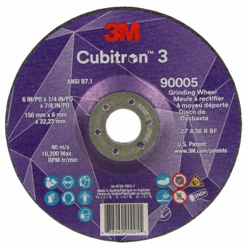 3M Cubitron 3 Depressed Center Grinding Wheel, 90005, 36+, T27, 6 in x 1/4 in x 7/8 in