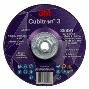 3M™ Cubitron 3 Cut and Grind Wheel, 88991, 36+, T27, 6 in x 1/8 in x 5/8 in-11 (150 x 3.2 mm x 5/8-11 in), ANSI, 10 ea/Case image 3M™ Cubitron 3 Cut and Grind Wheel, 88991, 36+, T27, 6 in x 1/8 in x 5/8 in-11 (150 x 3.2 mm x 5/8-11 in), ANSI, 10 ea/Caseimage