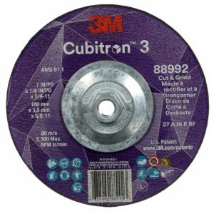 3M™ Cubitron 3 Cut and Grind Wheel, 88992, 36+, T27, 7 in x 1/8 in x 5/8 in-11 (180 x 3.2 mm x 5/8-11 in), ANSI, 10 ea/Case image 3M™ Cubitron 3 Cut and Grind Wheel, 88992, 36+, T27, 7 in x 1/8 in x 5/8 in-11 (180 x 3.2 mm x 5/8-11 in), ANSI, 10 ea/Caseimage