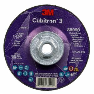 3M™ Cubitron 3 Cut and Grind Wheel, 88990, 36+, T27, 5 in x 1/8 in x 5/8 in-11 (125 x 3.2 mm x 5/8-11 in), ANSI, 10 ea/Case image 3M™ Cubitron 3 Cut and Grind Wheel, 88990, 36+, T27, 5 in x 1/8 in x 5/8 in-11 (125 x 3.2 mm x 5/8-11 in), ANSI, 10 ea/Caseimage