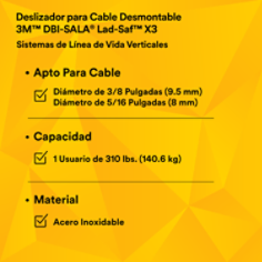 Imagen Secundaria 9 para usar en las páginas del Deslizador para Cable Desmontable 3M™ DBI-SALA® Lad-Saf™ X3 6160054 con texto de características del producto en español.
