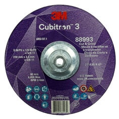 3M Cubitron 3 Cut and Grind Wheel, 88993, 36+, T27, 9 in x 1/8 in x 5/8 in-11 (230 x 3.2 mm x 5/8-11 in)