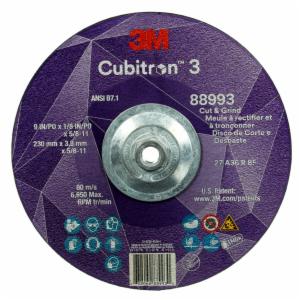 3M™ Cubitron 3 Cut and Grind Wheel, 88993, 36+, T27, 9 in x 1/8 in x 5/8 in-11 (230 x 3.2 mm x 5/8-11 in), ANSI, 10 ea/Case image 3M™ Cubitron 3 Cut and Grind Wheel, 88993, 36+, T27, 9 in x 1/8 in x 5/8 in-11 (230 x 3.2 mm x 5/8-11 in), ANSI, 10 ea/Caseimage