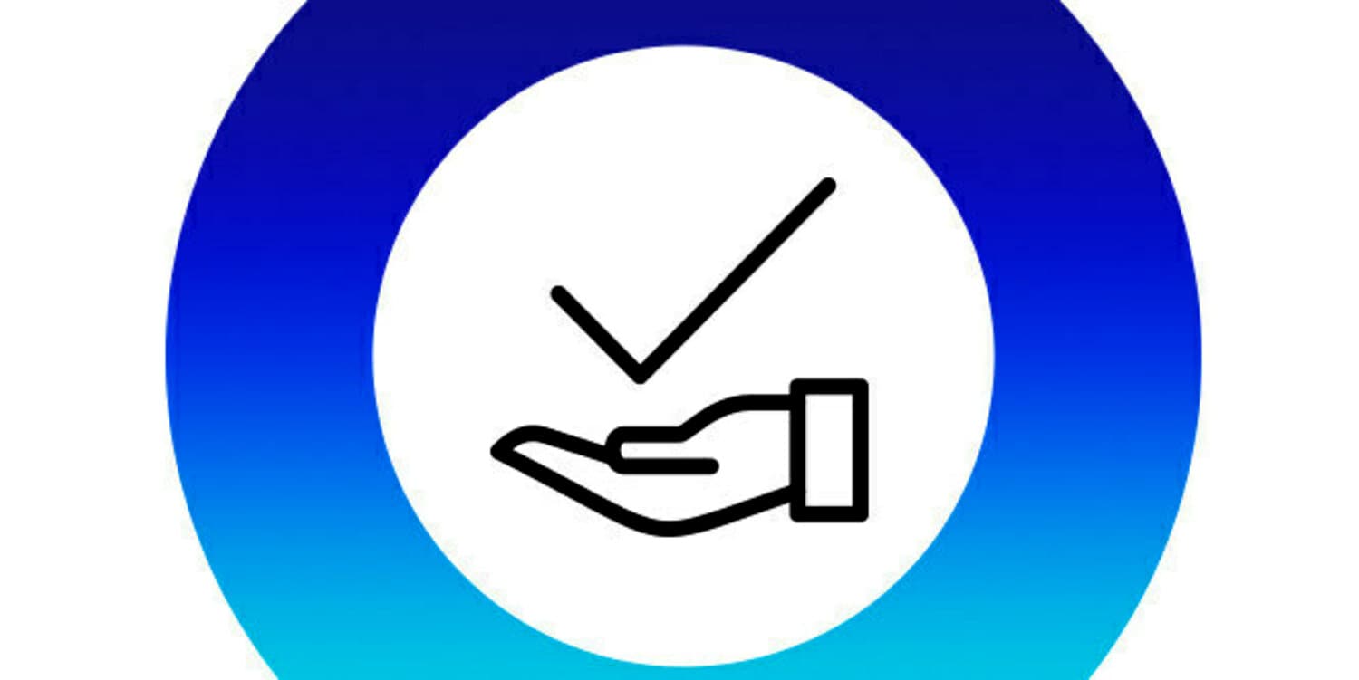 Hand with checkmark on top inside blue gradient circle icon