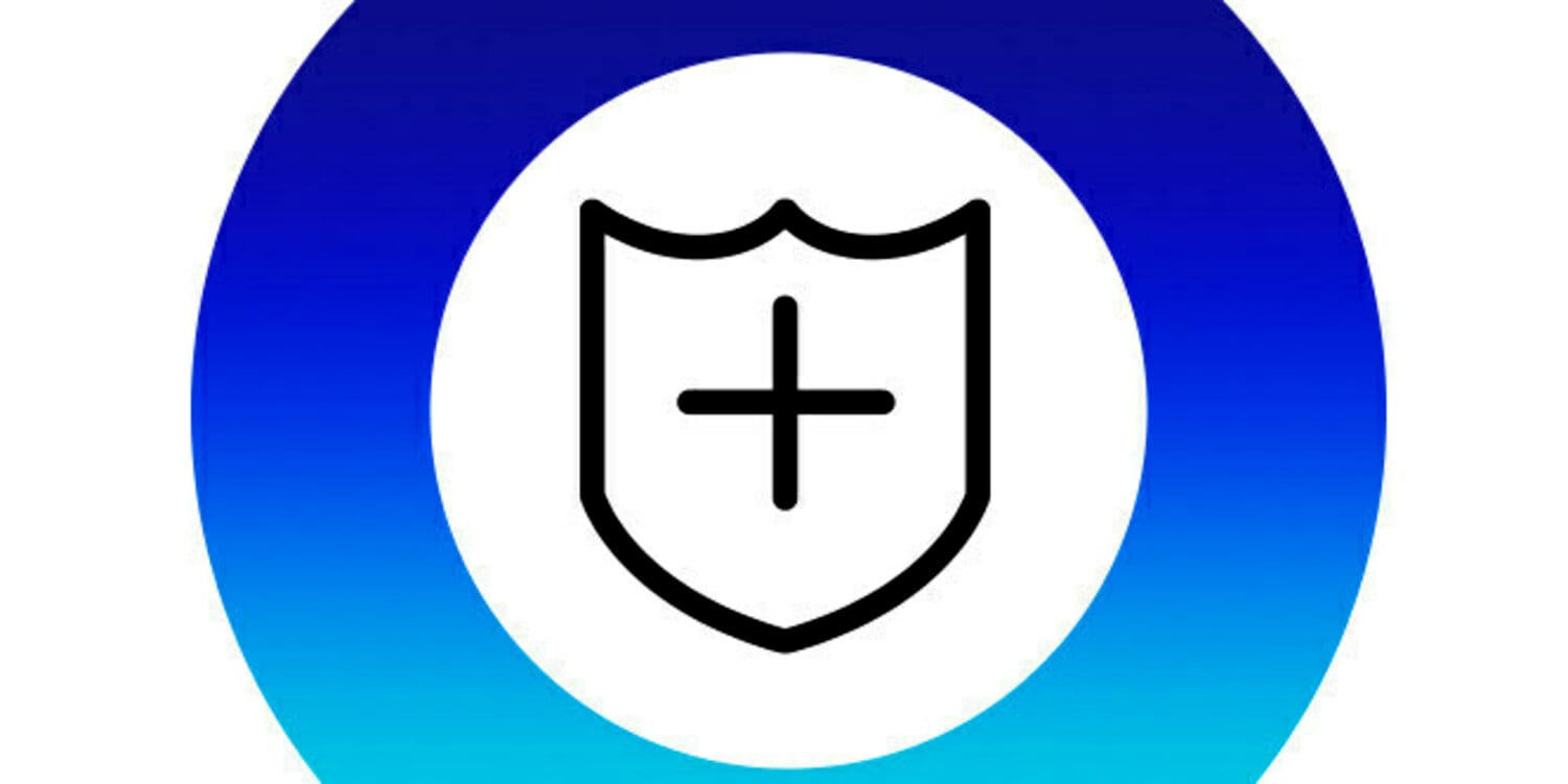 Shield with plus sign inside blue gradient circle icon