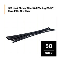 3M™ Heat Shrink Thin-Wall Tubing FP-301, Black, 3/4 in, 48 in Sticks, 50 Pieces/Case