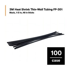 3M™ Heat Shrink Thin-Wall Tubing FP-301, Black, 1/2 in, 48 in Sticks, 100 Pieces/Case
