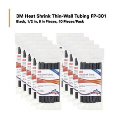 3M™ Heat Shrink Thin-Wall Tubing FP-301, Black, 1/2 in, 6 in Pieces, 10 Pieces/Pack, 10 Packs/Case