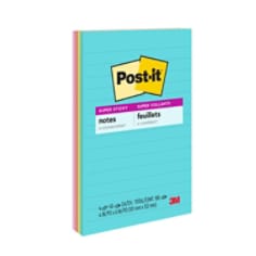 A pack of 4 inch by 6 inch lined Super Sticky Notes in Neon Colors