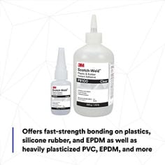 Offers fast-strength bonding on plastics, silicone rubber, and EPDM as well as heavily plasticized PVC, EPDM, ABS, Nylon, Santoprene, and Viton