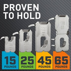 Proven to hold. Four 3M CLAW products listing the weight they can hold: 15 pounds, 25 pounds, 45 pounds, 65 pounds.
