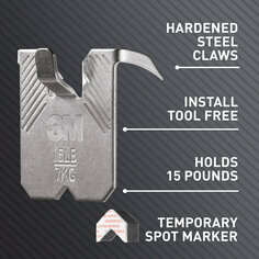 Hardened steel claws. Install tool free. Holds 15 pounds. Temporary Spot Marker.